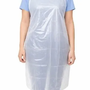 Delantal desechable de polietileno transparente talla única de 61 x 106 cm libre de látex.