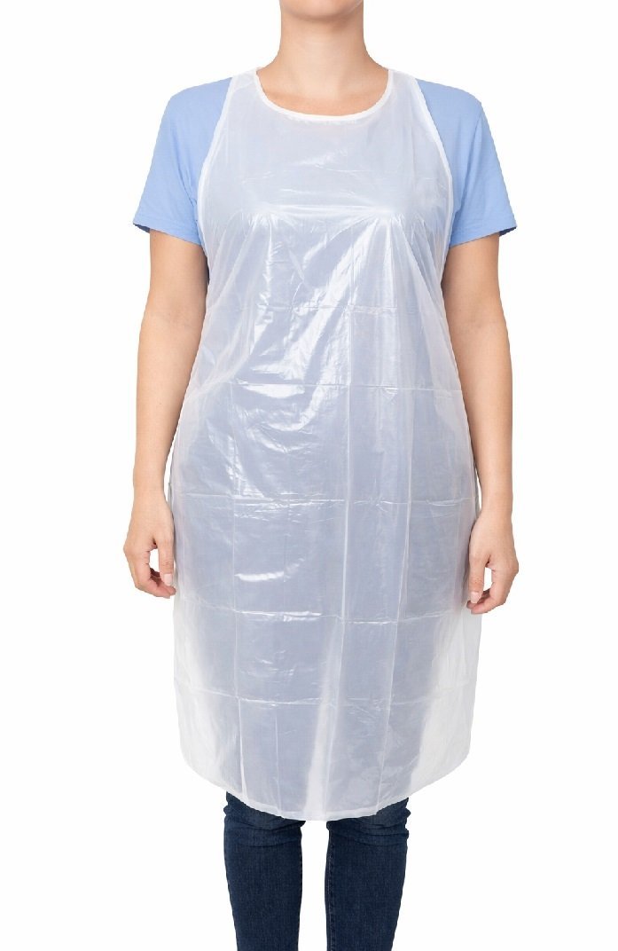Delantal desechable de polietileno transparente talla única de 61 x 106 cm libre de látex.